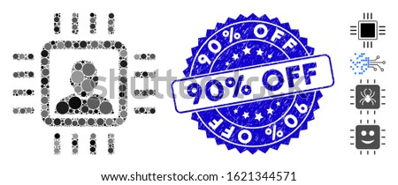 Mosaic neuro processor icon and rubber stamp seal with 90% Off caption. Mosaic vector is formed with neuro processor icon and with scattered circle spots. 90% Off seal uses blue color,