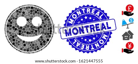 Mosaic smile coin icon and grunge stamp watermark with Montreal phrase. Mosaic vector is composed with smile coin icon and with randomized circle spots.  