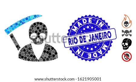 Mosaic scytheman icon and distressed stamp seal with Made in Rio De Janeiro text. Mosaic vector is composed with scytheman icon and with scattered circle items.