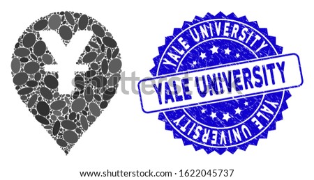 Mosaic yen map marker icon and rubber stamp seal with Yale University caption. Mosaic vector is formed with yen map marker pictogram and with scattered oval elements.