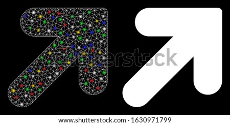 Glossy mesh arrow up right icon with sparkle effect. Abstract illuminated model of arrow up right. Shiny wire carcass triangular mesh arrow up right icon. Vector abstraction on a black background.