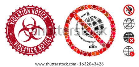 Mosaic no globe model icon and distressed stamp watermark with Violation Notice caption and biohazard symbol. Mosaic vector is designed with no globe model icon and with random round spots.