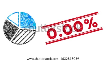 Mosaic pie chart pictogram and red 0.00% rubber print between double parallel lines. Flat vector pie chart mosaic pictogram of randomized rotated rectangle items. Red 0.