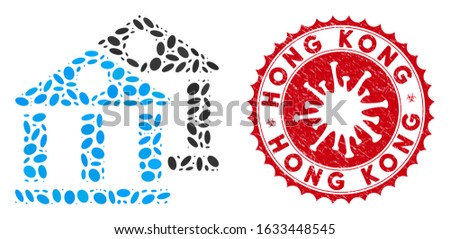 Mosaic banks icon and red rounded grunge stamp seal with Hong Kong caption and coronavirus symbol. Mosaic vector is formed with banks icon and with randomized oval spots.