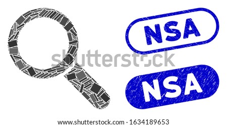 Mosaic search tool and distressed stamp seals with NSA text. Mosaic vector search tool is designed with random rectangles. NSA stamp seals use blue color, and have round rectangle shape.