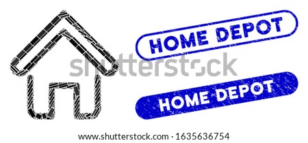 Mosaic home and distressed stamp seals with Home Depot caption. Mosaic vector home is created with random rectangles. Home Depot stamp seals use blue color, and have round rectangle shape.