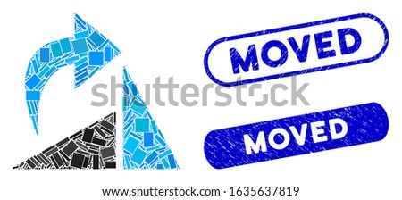 Mosaic figure rotation CW and grunge stamp watermarks with Moved caption. Mosaic vector figure rotation CW is formed with scattered rectangle items. Moved stamp seals use blue color,