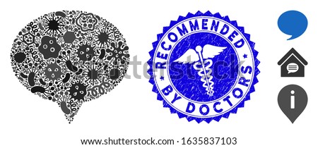 Contagious mosaic hint icon and rounded rubber stamp seal with Recommended by Doctors phrase and serpents icon. Mosaic vector is composed from hint pictogram and with random pandemic elements.