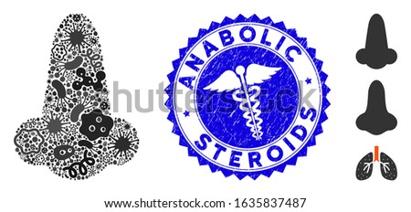 Virus mosaic human nose icon and rounded corroded stamp seal with Anabolic Steroids text and healthcare icon. Mosaic vector is composed from human nose icon and with randomized contagion symbols.