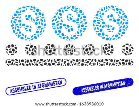 Collage money conveyor and grunge stamp seals with Assembled in Afghanistan text. Mosaic vector money conveyor is formed with randomized oval dots. Assembled in Afghanistan stamp seals use blue color,