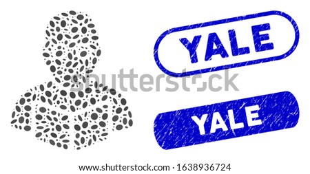 Mosaic teacher and rubber stamp seals with Yale text. Mosaic vector teacher is composed with randomized oval items. Yale seals use blue color, and have round rectangle shape.