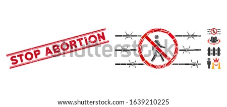 Mosaic no trespassing fence icon and red Stop Abortion seal between double parallel lines. Flat vector no trespassing fence mosaic icon of randomized rotated rectangular elements.