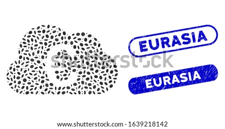 Mosaic Euro cloud and distressed stamp seals with Eurasia phrase. Mosaic vector Euro cloud is designed with randomized elliptic spots. Eurasia seals use blue color, and have round rectangle shape.