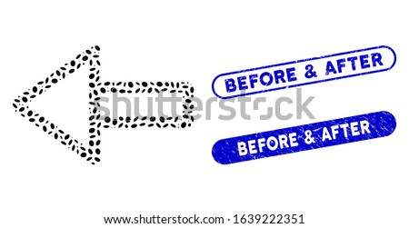 Mosaic left arrow and distressed stamp seals with Before & After text. Mosaic vector left arrow is designed with randomized oval parts. Before & After stamp seals use blue color,