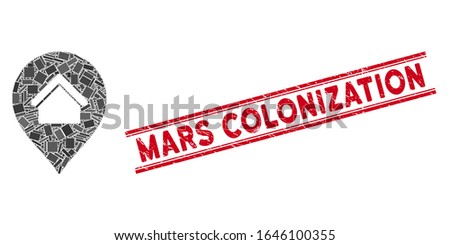 Mosaic residence marker icon and red Mars Colonization seal stamp between double parallel lines. Flat vector residence marker mosaic icon of scattered rotated rectangular elements.