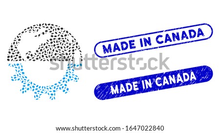 Mosaic international industry and corroded stamp seals with Made in Canada phrase. Mosaic vector international industry is formed with randomized elliptic spots.