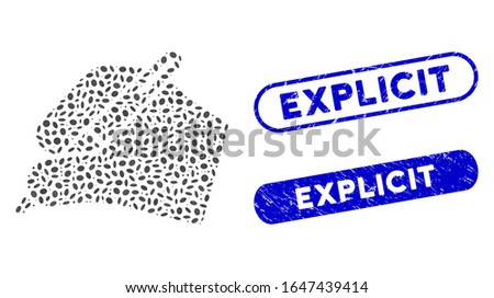 Mosaic signature hand and corroded stamp watermarks with Explicit phrase. Mosaic vector signature hand is composed with scattered elliptic elements. Explicit stamp seals use blue color,