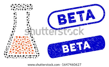 Mosaic flask and rubber stamp seals with Beta phrase. Mosaic vector flask is composed with random oval elements. Beta seals use blue color, and have round rectangle shape.