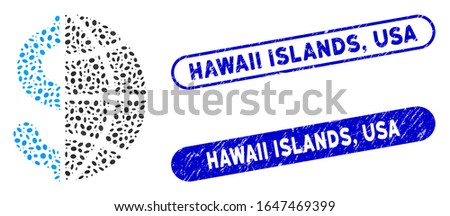 Mosaic global business and rubber stamp seals with Hawaii Islands, USA text. Mosaic vector global business is designed with scattered oval pieces. Hawaii Islands, USA stamp seals use blue color,