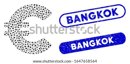 Mosaic Euro and distressed stamp seals with Bangkok text. Mosaic vector Euro is created with scattered ellipse dots. Bangkok stamp seals use blue color, and have round rectangle shape.
