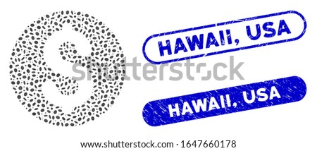 Mosaic coin and corroded stamp seals with Hawaii, USA text. Mosaic vector coin is formed with random ellipse pieces. Hawaii, USA stamp seals use blue color, and have round rectangle shape.