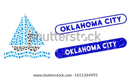 Mosaic aboard yacht and grunge stamp seals with Oklahoma City text. Mosaic vector aboard yacht is designed with random elliptic elements. Oklahoma City stamp seals use blue color,