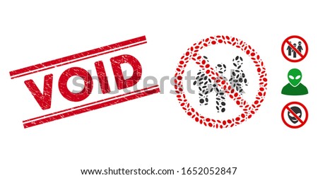 Rubber red stamp seal with Void phrase between double parallel lines, and mosaic no aliens icon. Mosaic vector is designed from no aliens icon and with scattered oval elements.