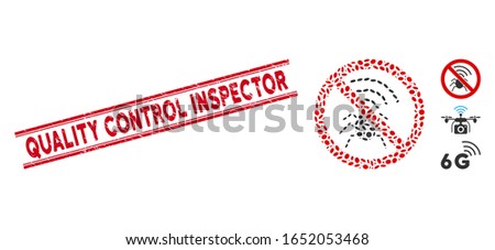 Rubber red stamp seal with Quality Control Inspector text inside double parallel lines, and mosaic no radio bugs icon.
