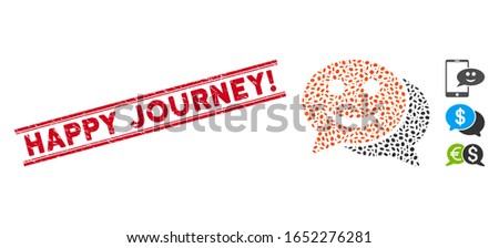 Rubber red stamp seal with Happy Journey! phrase between double parallel lines, and collage happy chat icon. Mosaic vector is formed with happy chat pictogram and with scattered ellipse elements.