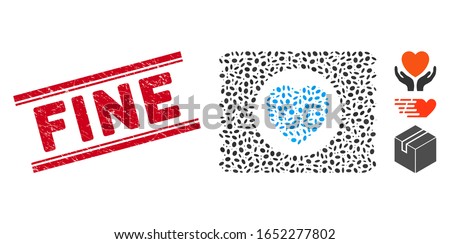 Grunge red stamp seal with Fine text between double parallel lines, and collage heart condom pack icon. Mosaic vector is formed with heart condom pack icon and with random ellipse spots.