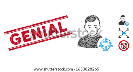 Rubber red stamp watermark with Genial phrase between double parallel lines, and mosaic social networker icon. Mosaic vector is composed from social networker icon and with random elliptic spots.