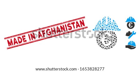 Grunge red stamp watermark with Made in Afghanistan text between double parallel lines, and mosaic Euro under safety helmet icon.