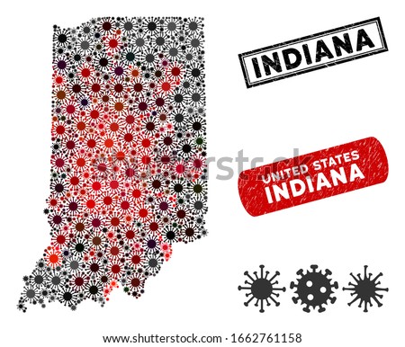 Coronavirus mosaic Indiana State map and distressed stamp seals. Indiana State map collage designed with random red and black bacillus items. Rectangle seals, with dirty texture.