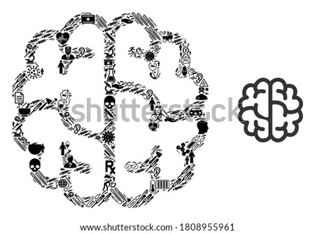 Mosaic brain with medical icons and basic icon. Mosaic vector brain is designed with medic icons. Abstract illustrations elements for pandemic wallpapers. Illustration is based on brain pictogram.