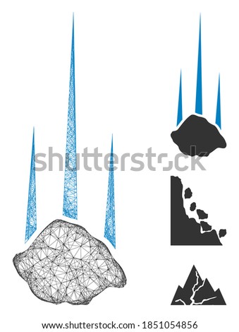 Mesh falling stone polygonal web 2d vector illustration. Model is based on falling stone flat icon. Triangular network forms abstract falling stone flat model.