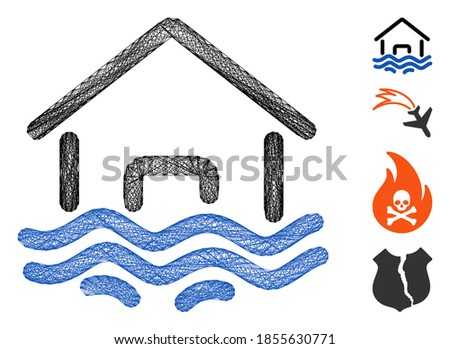 Vector wire frame flood disaster. Geometric wire carcass flat network made from flood disaster icon, designed from crossed lines. Some bonus icons are added.