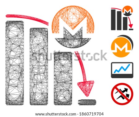 Vector net Monero falling acceleration chart. Geometric hatched carcass flat net generated with Monero falling acceleration chart icon, designed with crossing lines. Some bonus icons are added.