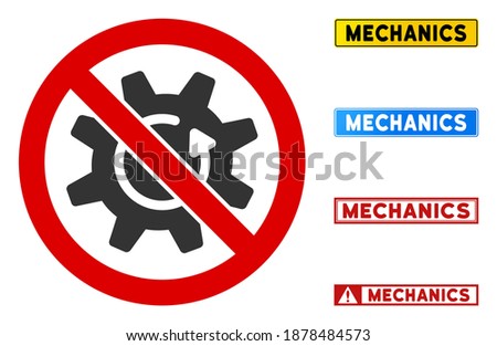 No Rotate Gear sign with texts in rectangle frames. Illustration style is a flat iconic symbol inside red crossed circle on a white background. Simple No Rotate Gear vector sign, designed for rules,