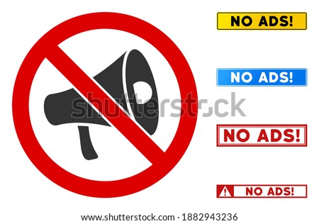 No Megaphone sign with badges in rectangular frames. Illustration style is a flat iconic symbol inside red crossed circle on a white background. Simple No Megaphone vector sign, designed for rules,