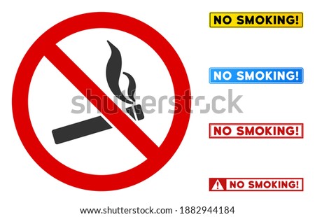 No Smoking sign with badges in rectangle frames. Illustration style is a flat iconic symbol inside red crossed circle on a white background. Simple No Smoking vector sign, designed for rules,