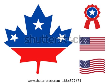 Maple leaf icon in blue and red colors with stars. Maple leaf illustration style uses American official colors of Democratic and Republican political parties, and star shapes.