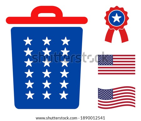 Trash can icon in blue and red colors with stars. Trash can illustration style uses American official colors of Democratic and Republican political parties, and star shapes.