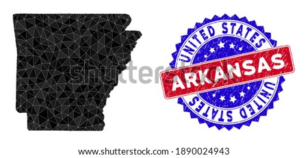 Arkansas State map polygonal mesh with filled triangles, and textured bicolor seal. Triangle mosaic Arkansas State map with mesh vector model, triangles have randomized sizes, and positions,