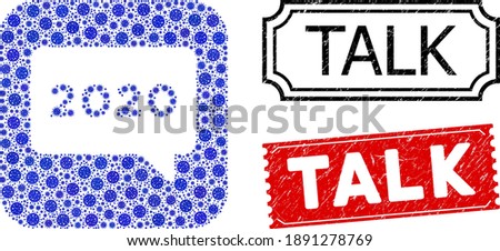 Vector mosaic 2020 message and grunge Talk seal stamps. Mosaic 2020 message constructed as hole from rounded square with blue bacterium elements.