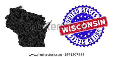 Wisconsin State map polygonal mesh with filled triangles, and grunge bicolor stamp seal. Triangle mosaic Wisconsin State map with mesh vector model, triangles have different sizes, and positions,