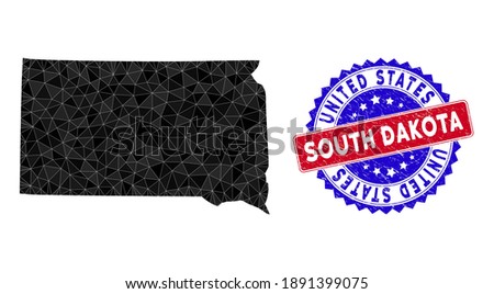 South Dakota State map polygonal mesh with filled triangles, and distress bicolor stamp seal. Triangle mosaic South Dakota State map with triangular vector model, triangles have randomized sizes,