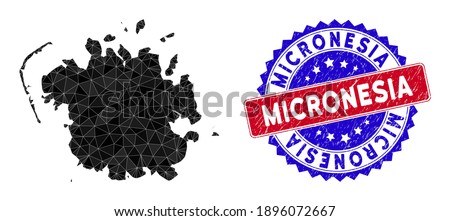 Micronesia island map polygonal mesh with filled triangles, and grunge bicolor seal. Triangle mosaic Micronesia island map with mesh vector model, triangles have randomized sizes, and positions,