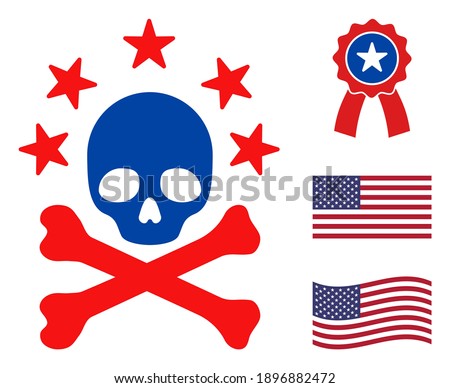 Death bones icon in blue and red colors with stars. Death bones illustration style uses American official colors of Democratic and Republican political parties, and star shapes.