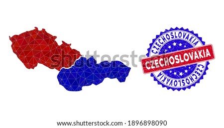 Czechoslovakia map polygonal mesh with filled triangles, and rubber bicolor rubber seal. Triangle mosaic Czechoslovakia map with mesh vector model, triangles have different sizes, and positions, Stock foto © 