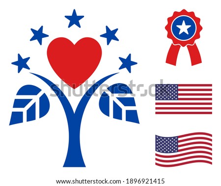 Life tree icon in blue and red colors with stars. Life tree illustration style uses American official colors of Democratic and Republican political parties, and star shapes.